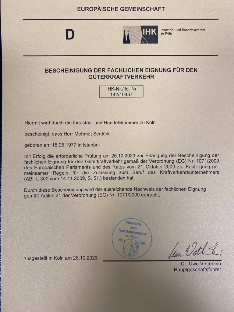 Fachkundebescheinigung für Güterverkehr IHK