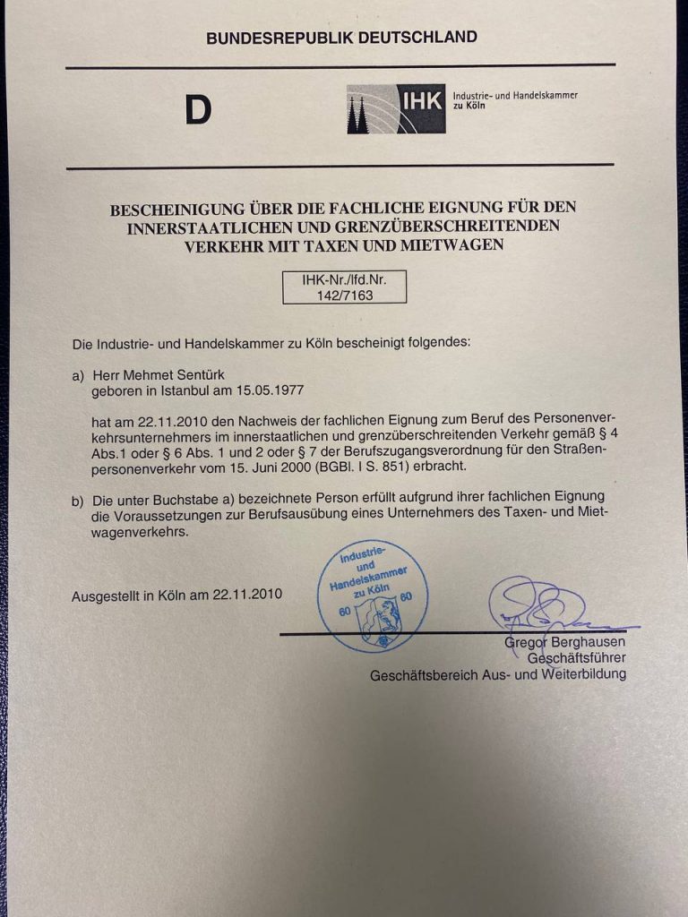 Fachkundebescheinigung für Taxi- und Mietwagenverkehr